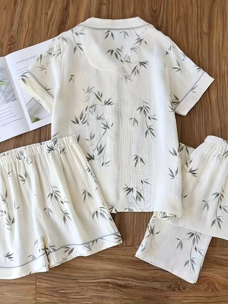 3-Piece Women’s Pajama Set – Short Sleeve Top, Shorts & Pants, Beige Heart Print, Button-Up Collar Loungewear