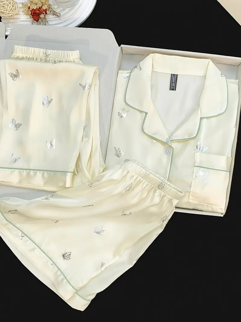 3-Piece Women’s Pajama Set – Short Sleeve Top, Shorts & Pants, Beige Heart Print, Button-Up Collar Loungewear