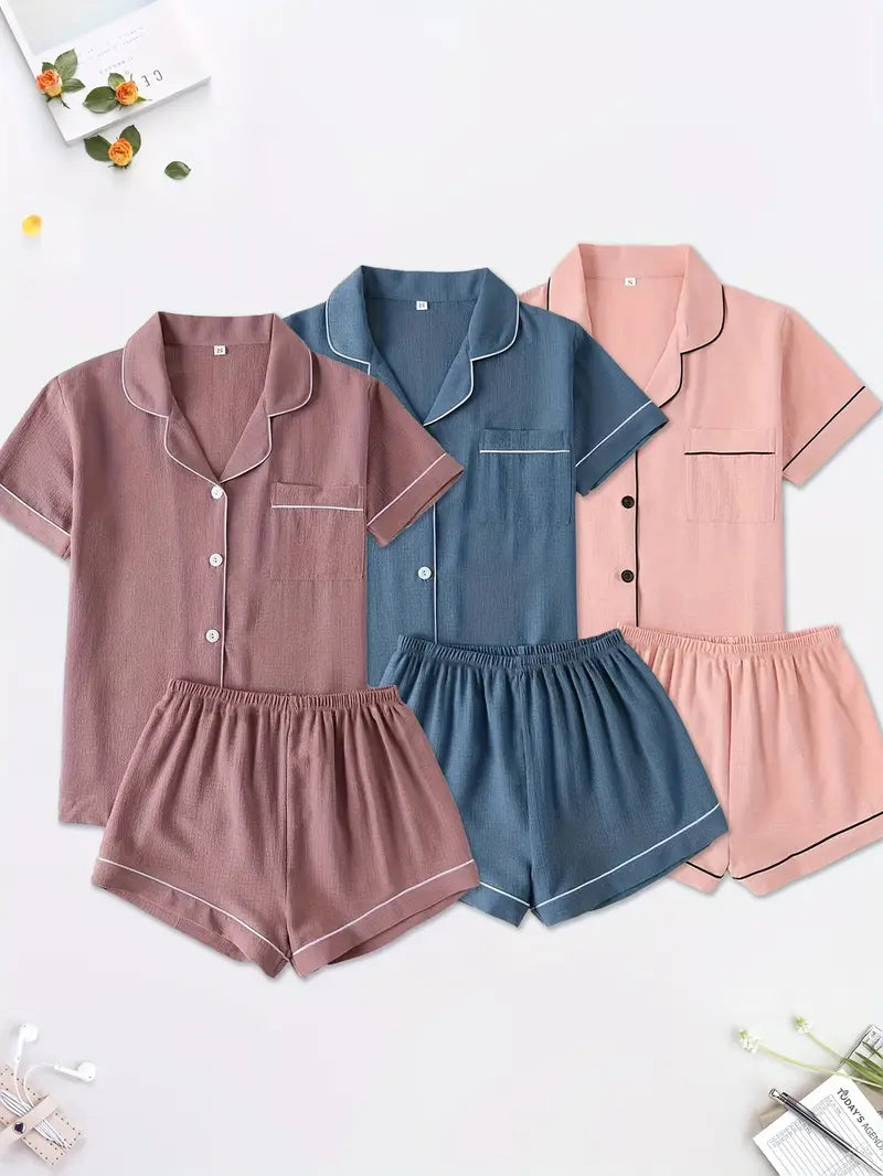 6-Piece Solid Color Pajama Set – Button Cardigan, Bubble Pleated Top & Shorts, Loose Comfortable Sleepwear