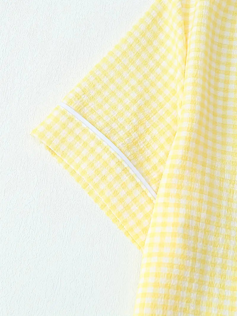 3 Sets Teen Plaid Pajamas – Short Sleeve Collar Top & Elastic Shorts, All-Season Loungewear