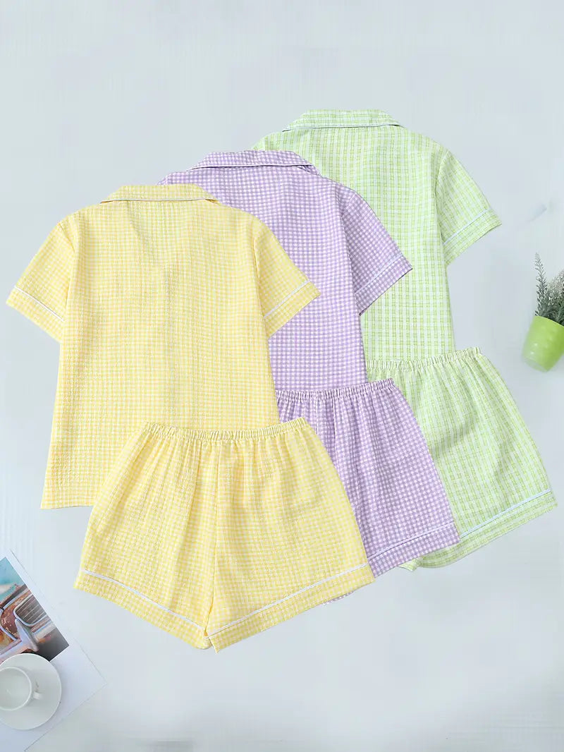 3 Sets Teen Plaid Pajamas – Short Sleeve Collar Top & Elastic Shorts, All-Season Loungewear