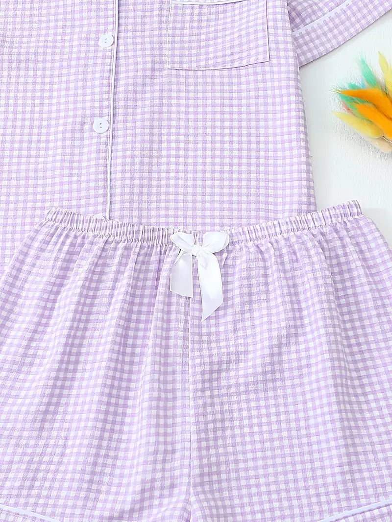 3 Sets Teen Plaid Pajamas – Short Sleeve Collar Top & Elastic Shorts, All-Season Loungewear