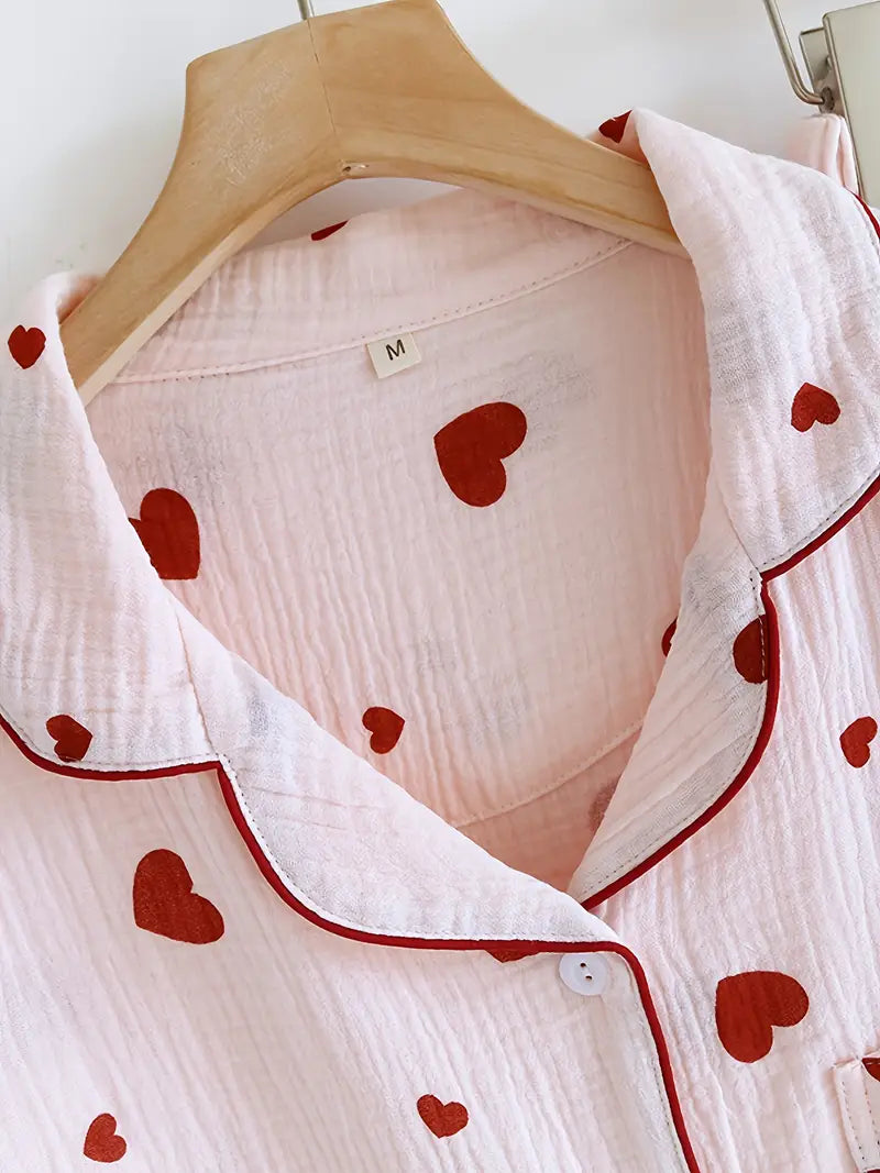 3-Piece Women’s Pajama Set – Short Sleeve Top, Shorts & Pants, Beige Heart Print, Button-Up Collar Loungewear