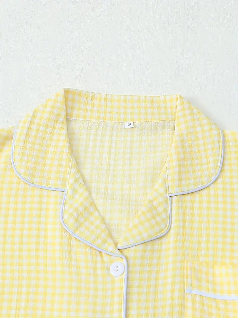 3 Sets Teen Plaid Pajamas – Short Sleeve Collar Top & Elastic Shorts, All-Season Loungewear