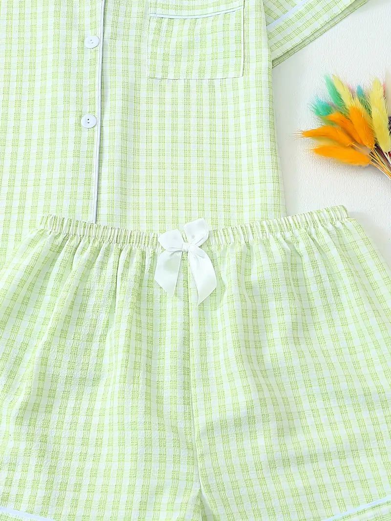 3 Sets Teen Plaid Pajamas – Short Sleeve Collar Top & Elastic Shorts, All-Season Loungewear