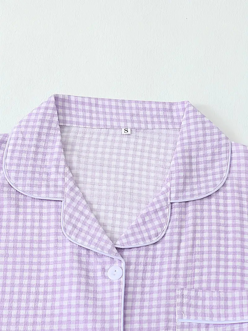 3 Sets Teen Plaid Pajamas – Short Sleeve Collar Top & Elastic Shorts, All-Season Loungewear