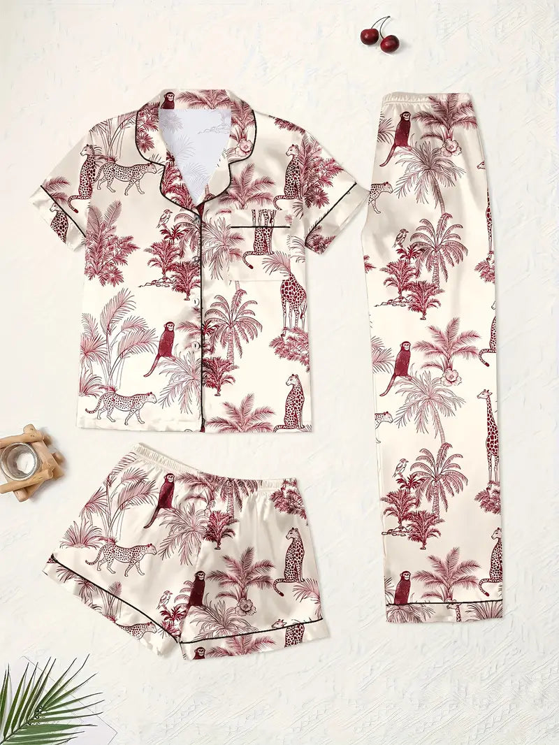 3-Piece Women’s Pajama Set – Short Sleeve Top, Shorts & Pants, Beige Heart Print, Button-Up Collar Loungewear