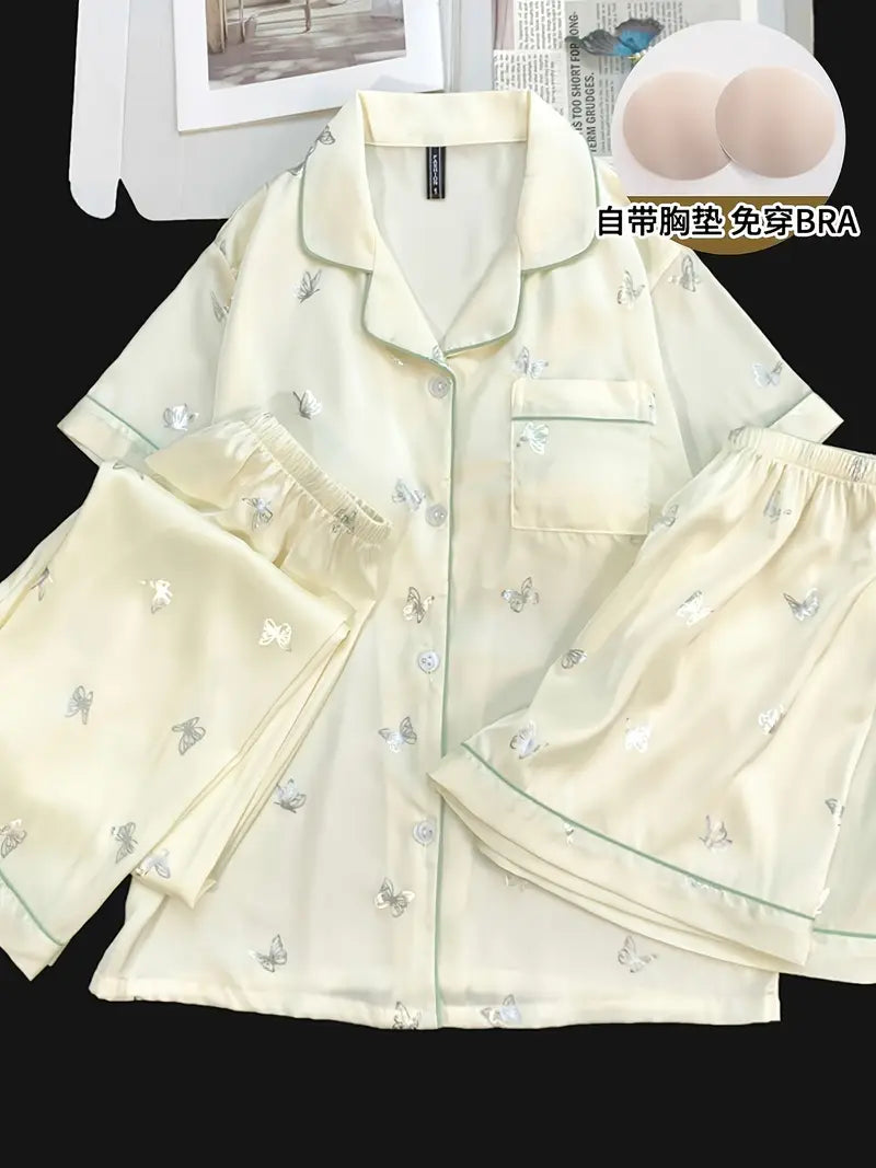 3-Piece Women’s Pajama Set – Short Sleeve Top, Shorts & Pants, Beige Heart Print, Button-Up Collar Loungewear