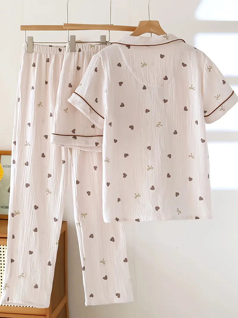 3-Piece Women’s Pajama Set – Short Sleeve Top, Shorts & Pants, Beige Heart Print, Button-Up Collar Loungewear