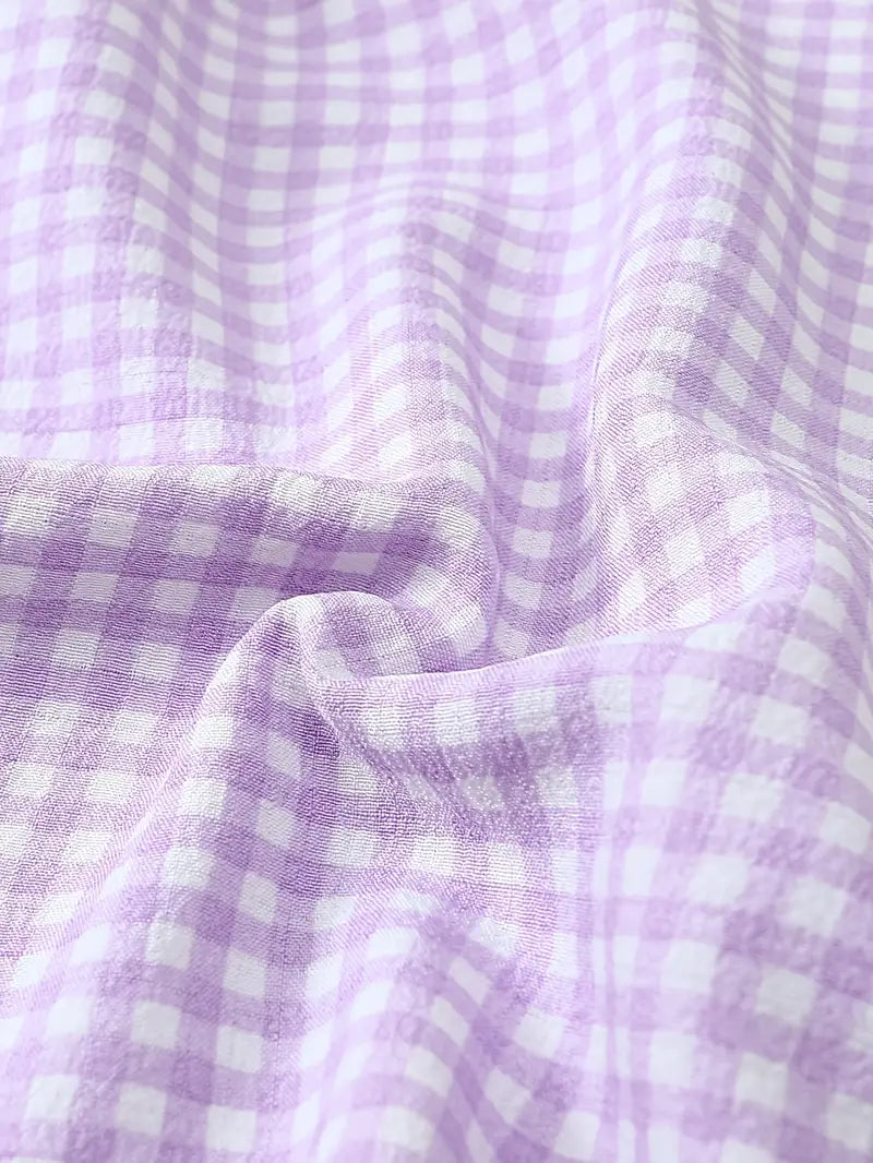 2 Sets Girls' 4-Piece Purple & Black Plaid Pajamas – Short Sleeve Top & Elastic Shorts, All-Season Loungewear