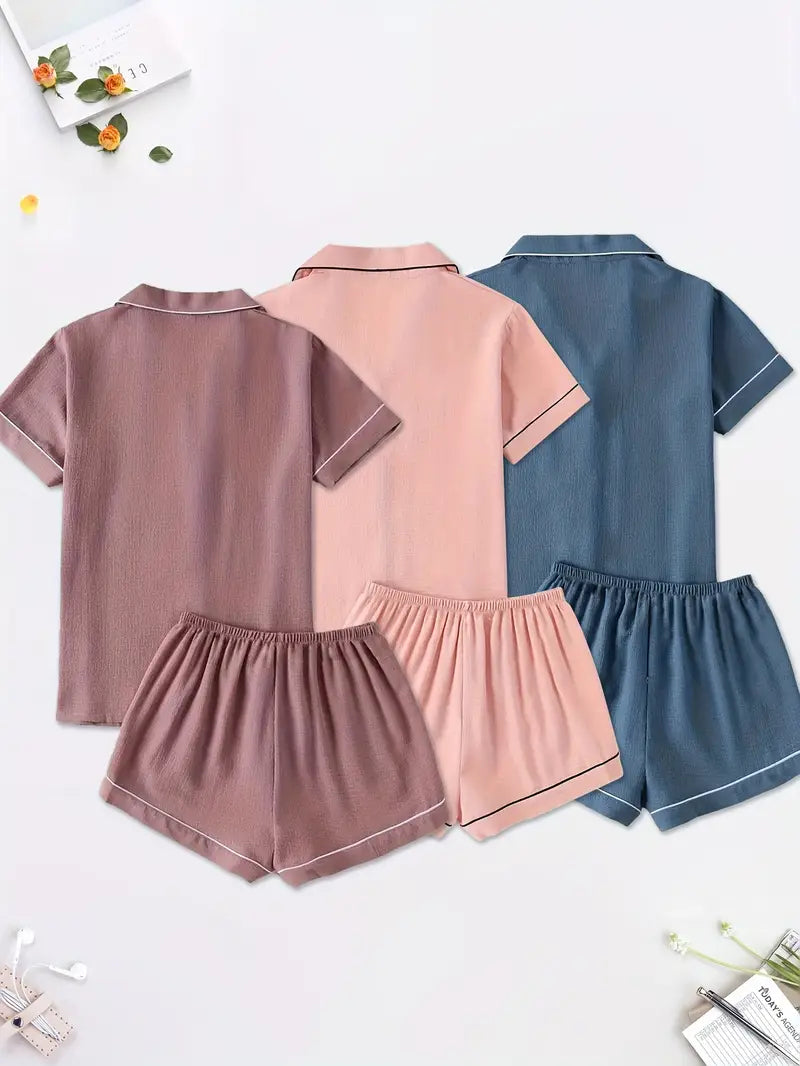 6-Piece Solid Color Pajama Set – Button Cardigan, Bubble Pleated Top & Shorts, Loose Comfortable Sleepwear
