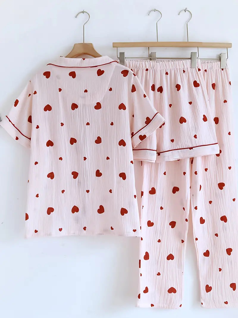 3-Piece Women’s Pajama Set – Short Sleeve Top, Shorts & Pants, Beige Heart Print, Button-Up Collar Loungewear