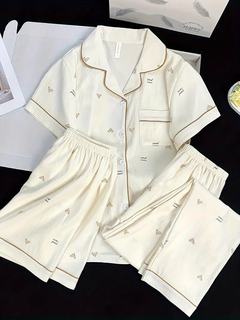 3-Piece Women’s Pajama Set – Short Sleeve Top, Shorts & Pants, Beige Heart Print, Button-Up Collar Loungewear