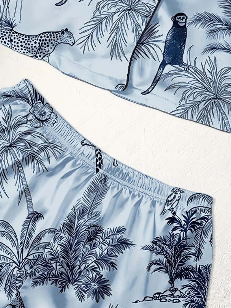 3-Piece Women’s Pajama Set – Short Sleeve Top, Shorts & Pants, Beige Heart Print, Button-Up Collar Loungewear