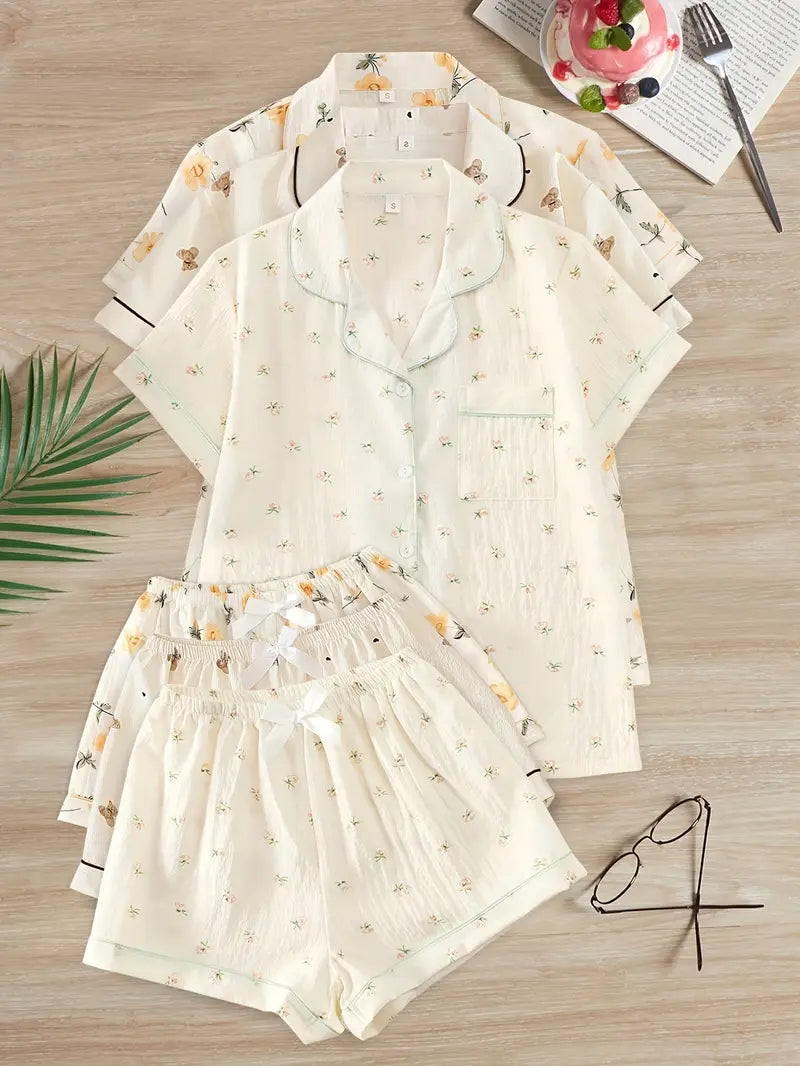 3pcs Women'S Pajama Set with Short Sleeves and Shorts