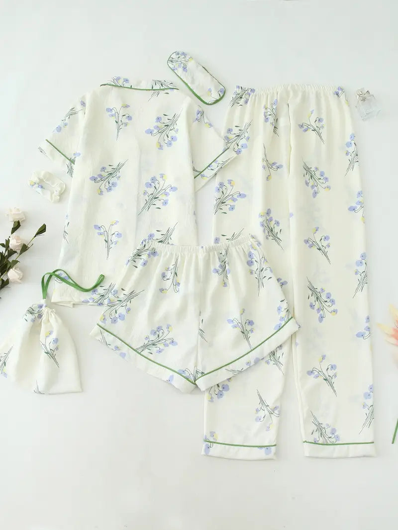 3-Piece Women’s Pajama Set – Short Sleeve Top, Shorts & Pants, Beige Heart Print, Button-Up Collar Loungewear