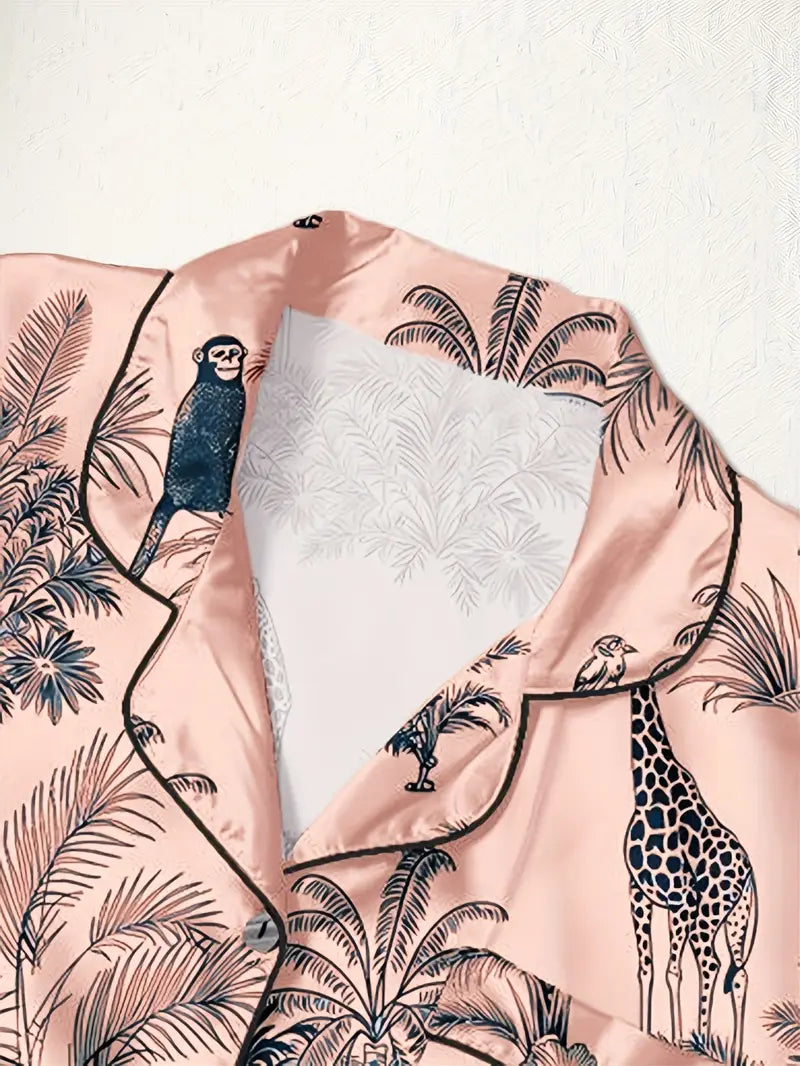 3-Piece Women’s Pajama Set – Short Sleeve Top, Shorts & Pants, Beige Heart Print, Button-Up Collar Loungewear