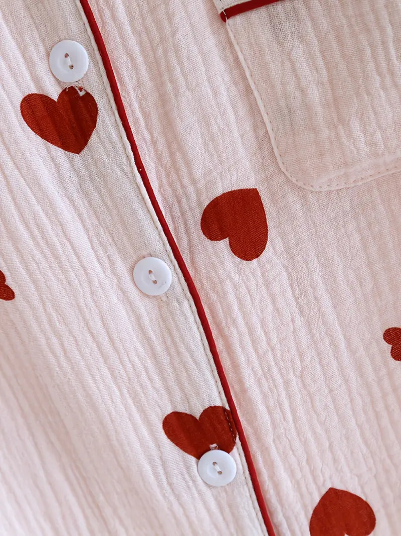3-Piece Women’s Pajama Set – Short Sleeve Top, Shorts & Pants, Beige Heart Print, Button-Up Collar Loungewear