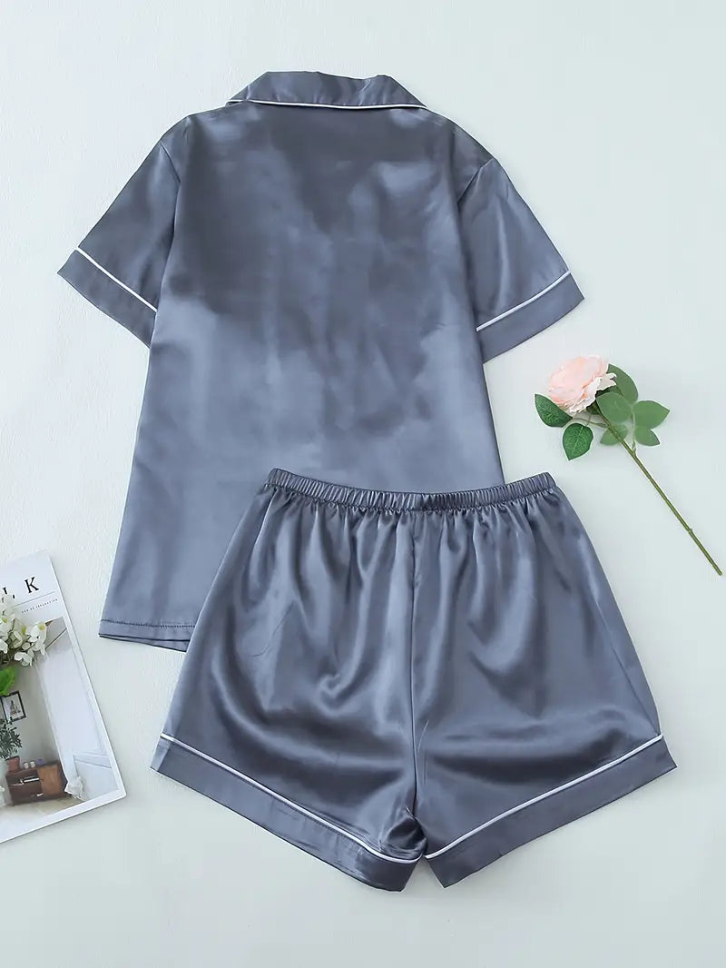 Women’s Pajama Set – Short Sleeve Button-Up Top & Fitted Shorts with Bow Detail, Comfortable Sleepwear