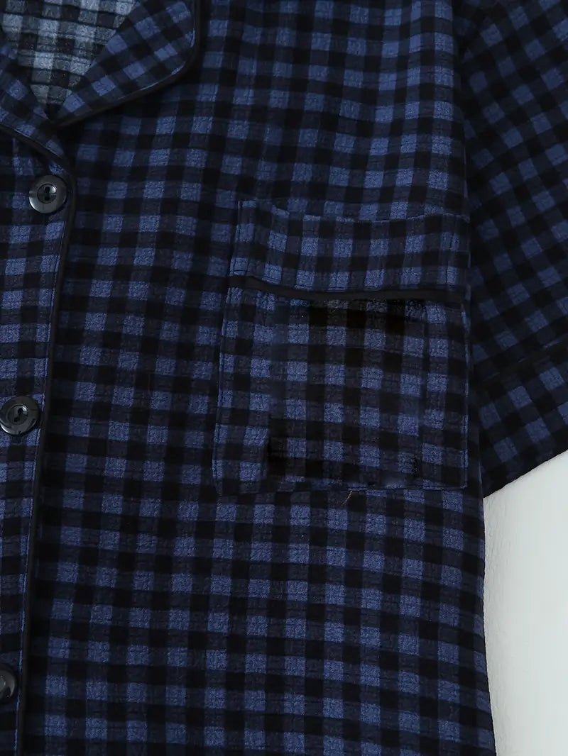 2 Sets Girls' 4-Piece Purple & Black Plaid Pajamas – Short Sleeve Top & Elastic Shorts, All-Season Loungewear