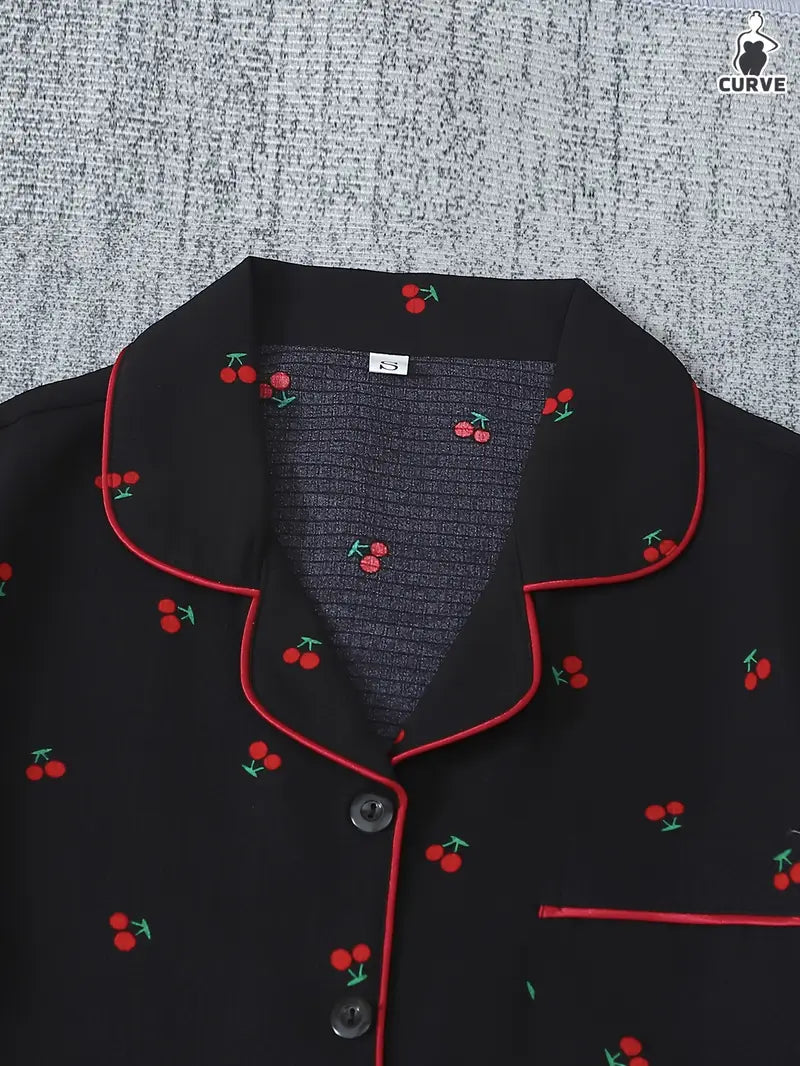 3-Piece Women’s Pajama Set – Short Sleeve Top, Shorts & Pants, Beige Heart Print, Button-Up Collar Loungewear