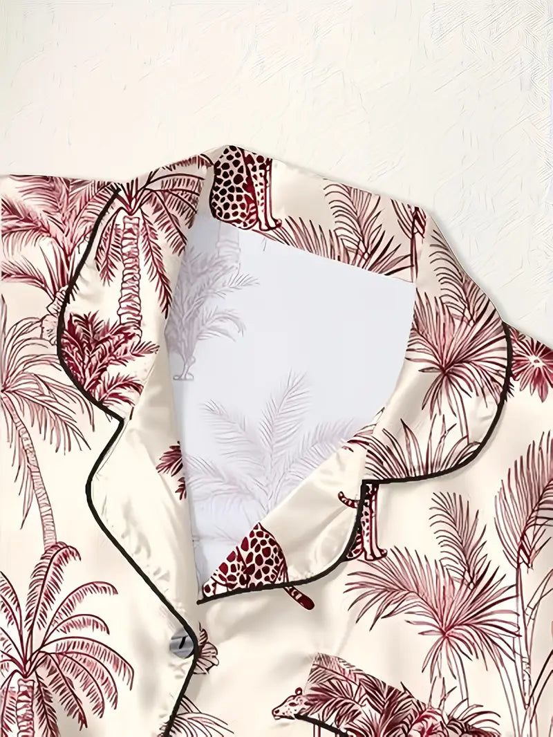 3-Piece Women’s Pajama Set – Short Sleeve Top, Shorts & Pants, Beige Heart Print, Button-Up Collar Loungewear