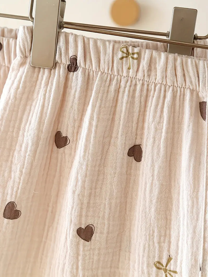 3-Piece Women’s Pajama Set – Short Sleeve Top, Shorts & Pants, Beige Heart Print, Button-Up Collar Loungewear