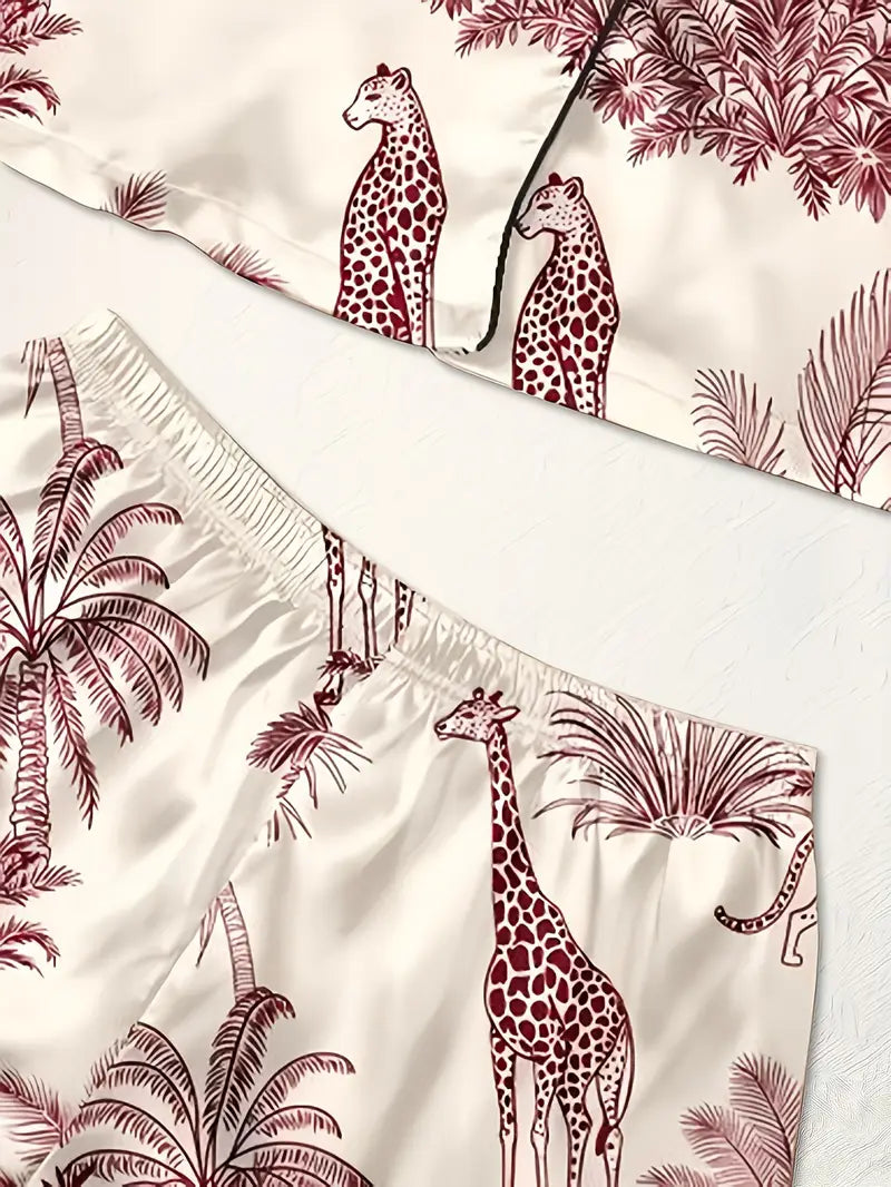 3-Piece Women’s Pajama Set – Short Sleeve Top, Shorts & Pants, Beige Heart Print, Button-Up Collar Loungewear