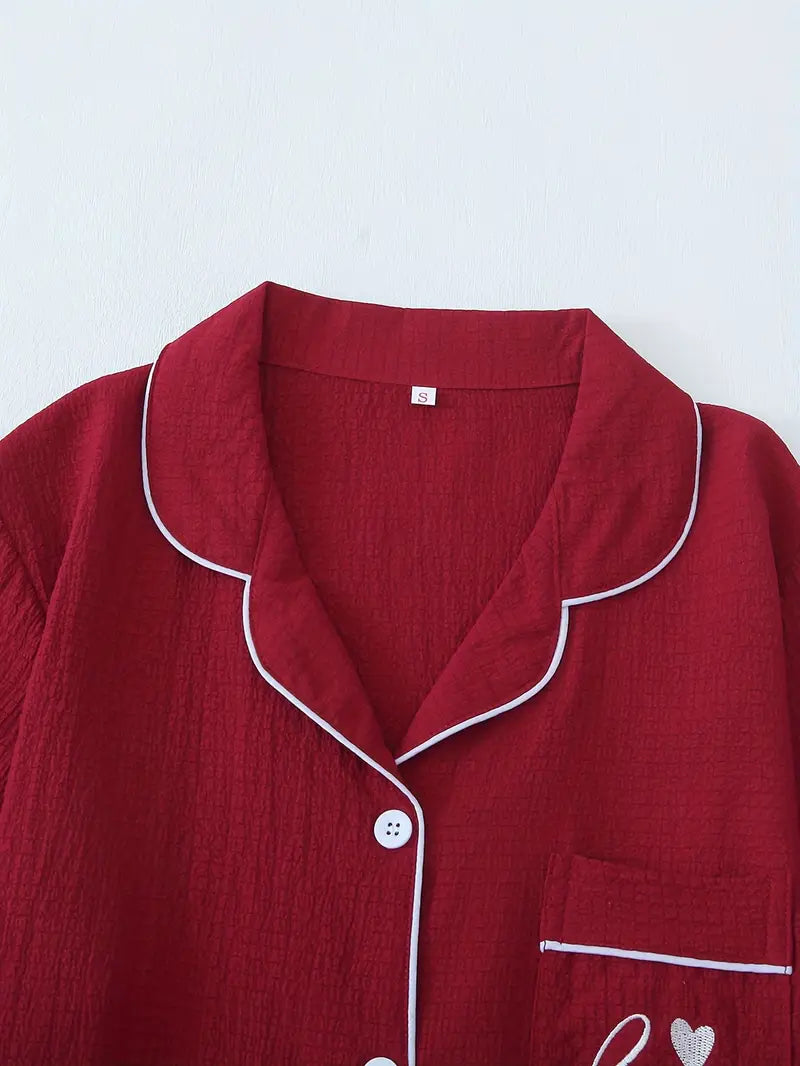 Women's Solid Color Collar Embroidery Pajama Three-Set Combination 2