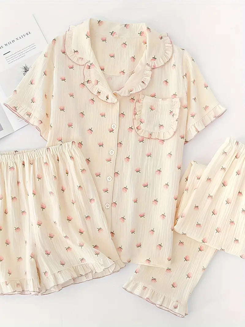 3-Piece Women’s Pajama Set – Short Sleeve Top, Shorts & Pants, Beige Heart Print, Button-Up Collar Loungewear