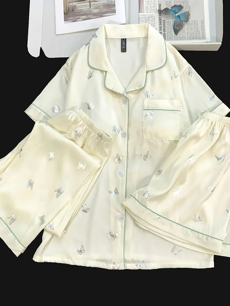 3-Piece Women’s Pajama Set – Short Sleeve Top, Shorts & Pants, Beige Heart Print, Button-Up Collar Loungewear