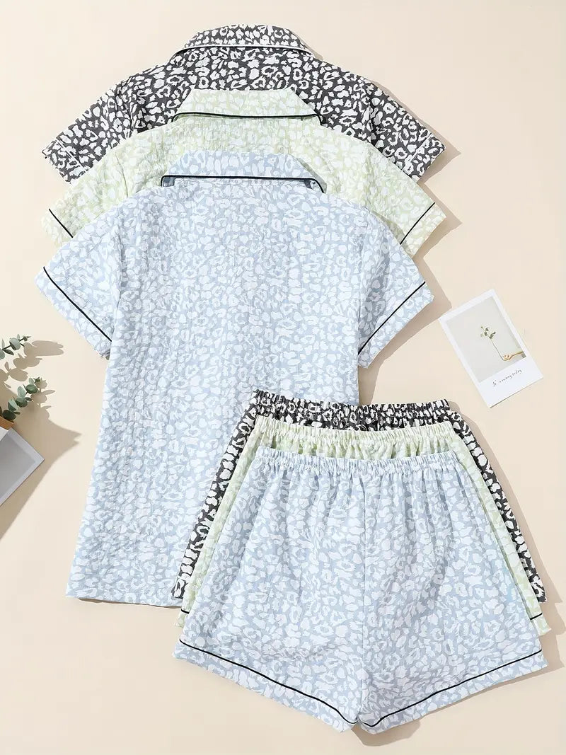 3pcs Women'S Pajama Set with Short Sleeves and Shorts 2