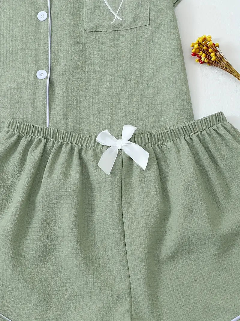 Women's Solid Color Collar Embroidery Pajama Three-Set Combination 3