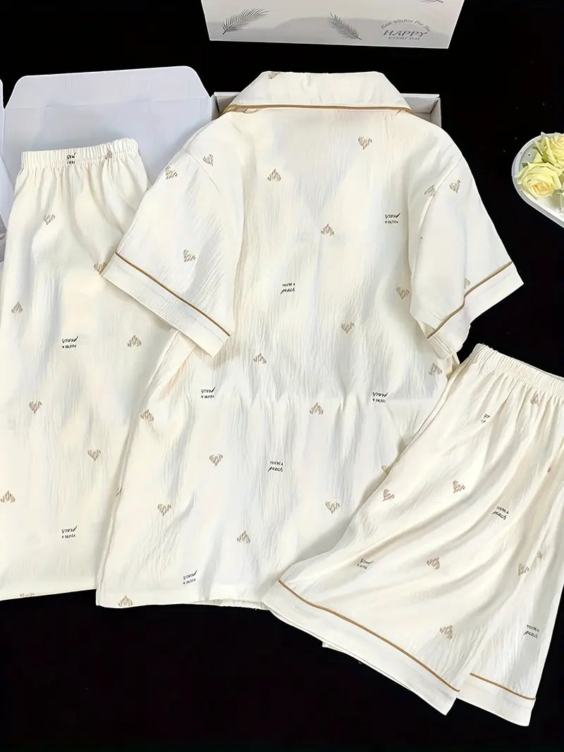 3-Piece Women’s Pajama Set – Short Sleeve Top, Shorts & Pants, Beige Heart Print, Button-Up Collar Loungewear