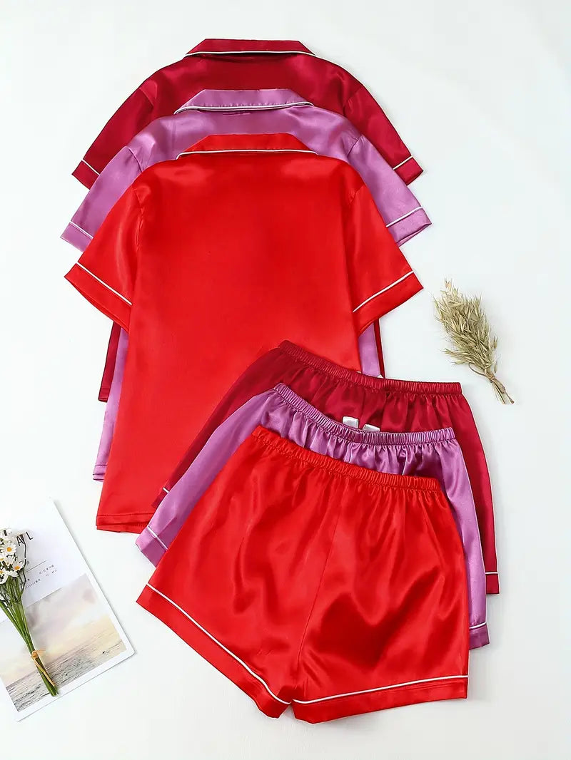 Women’s Pajama Set – Short Sleeve Button-Up Top & Fitted Shorts with Bow Detail, Comfortable Sleep 2