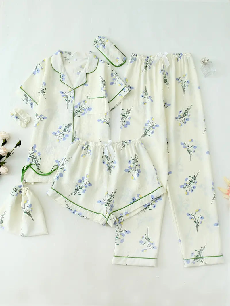 3-Piece Women’s Pajama Set – Short Sleeve Top, Shorts & Pants, Beige Heart Print, Button-Up Collar Loungewear