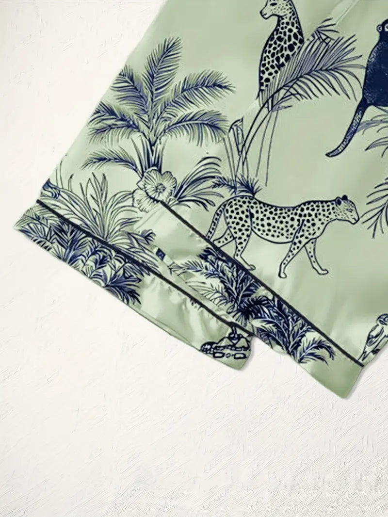 3-Piece Women’s Pajama Set – Short Sleeve Top, Shorts & Pants, Beige Heart Print, Button-Up Collar Loungewear