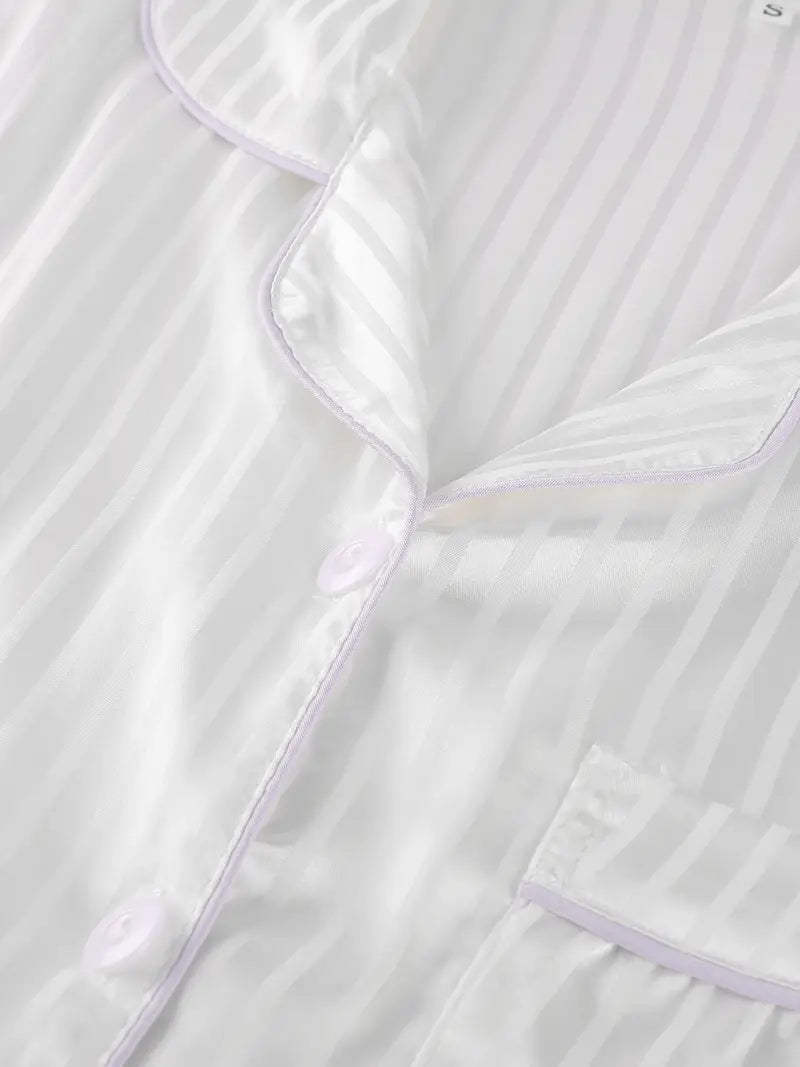 Women’s Satin Pajama Set – 3-Piece Summer Sleepwear with Short Sleeve Button-Up Shirt & Pants, Solid Color Loungewear