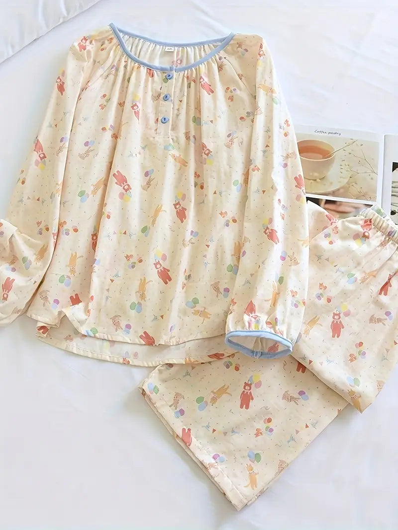 Women’s Elegant Floral Long Sleeve Pajama Set – Crew Neck