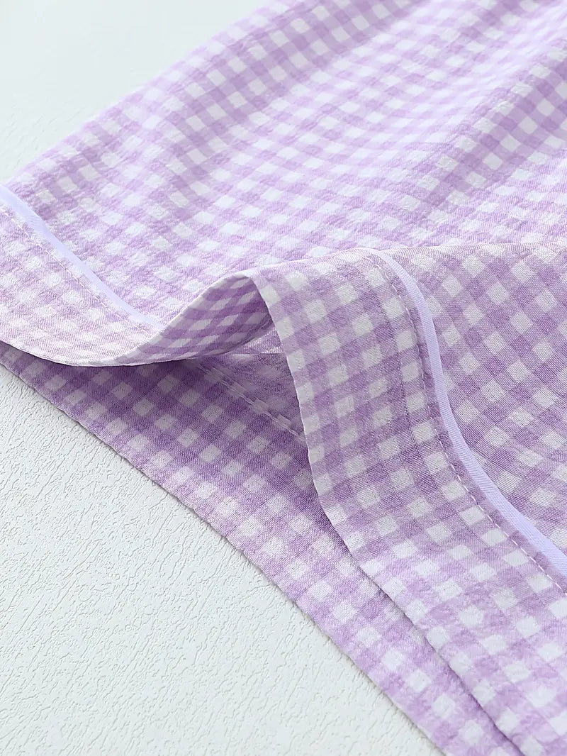 2 Sets Girls' 4-Piece Purple & Black Plaid Pajamas – Short Sleeve Top & Elastic Shorts, All-Season Loungewear
