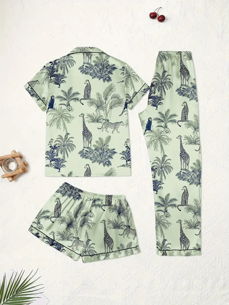 3-Piece Women’s Pajama Set – Short Sleeve Top, Shorts & Pants, Beige Heart Print, Button-Up Collar Loungewear