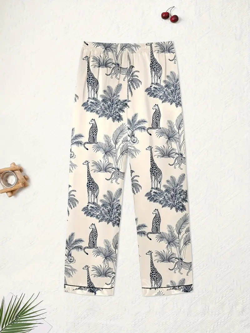 3-Piece Women’s Pajama Set – Short Sleeve Top, Shorts & Pants, Beige Heart Print, Button-Up Collar Loungewear