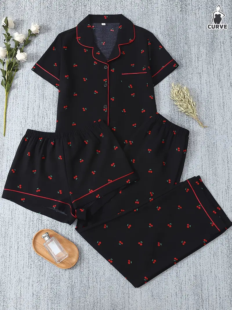 3-Piece Women’s Pajama Set – Short Sleeve Top, Shorts & Pants, Beige Heart Print, Button-Up Collar Loungewear