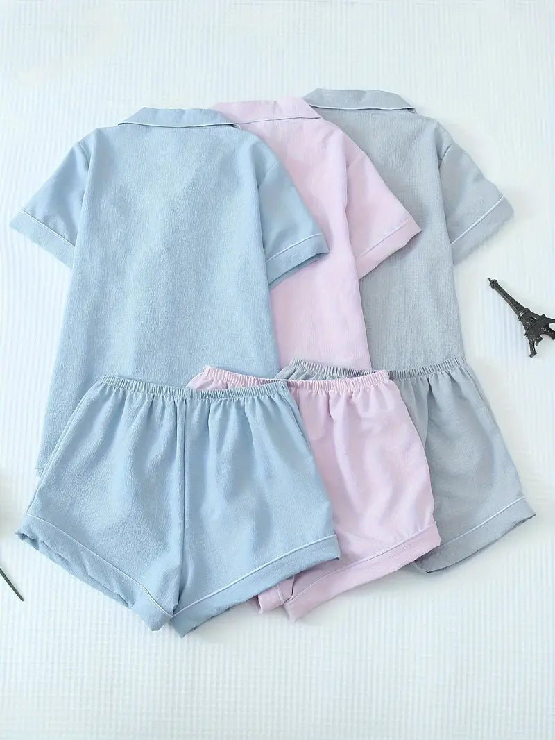 Women's Solid Color Collar Embroidery Pajama Three-Set Combination