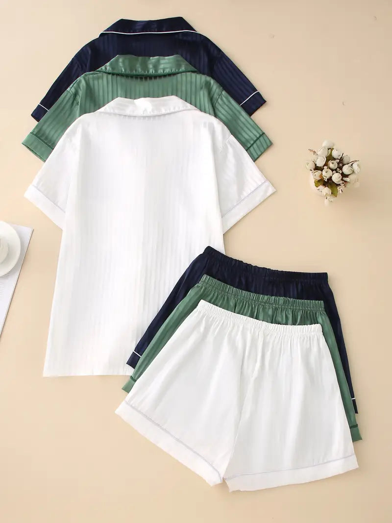Women’s Satin Pajama Set – 3-Piece Summer Sleepwear with Short Sleeve Button-Up Shirt & Pants, Solid Color Loungewear