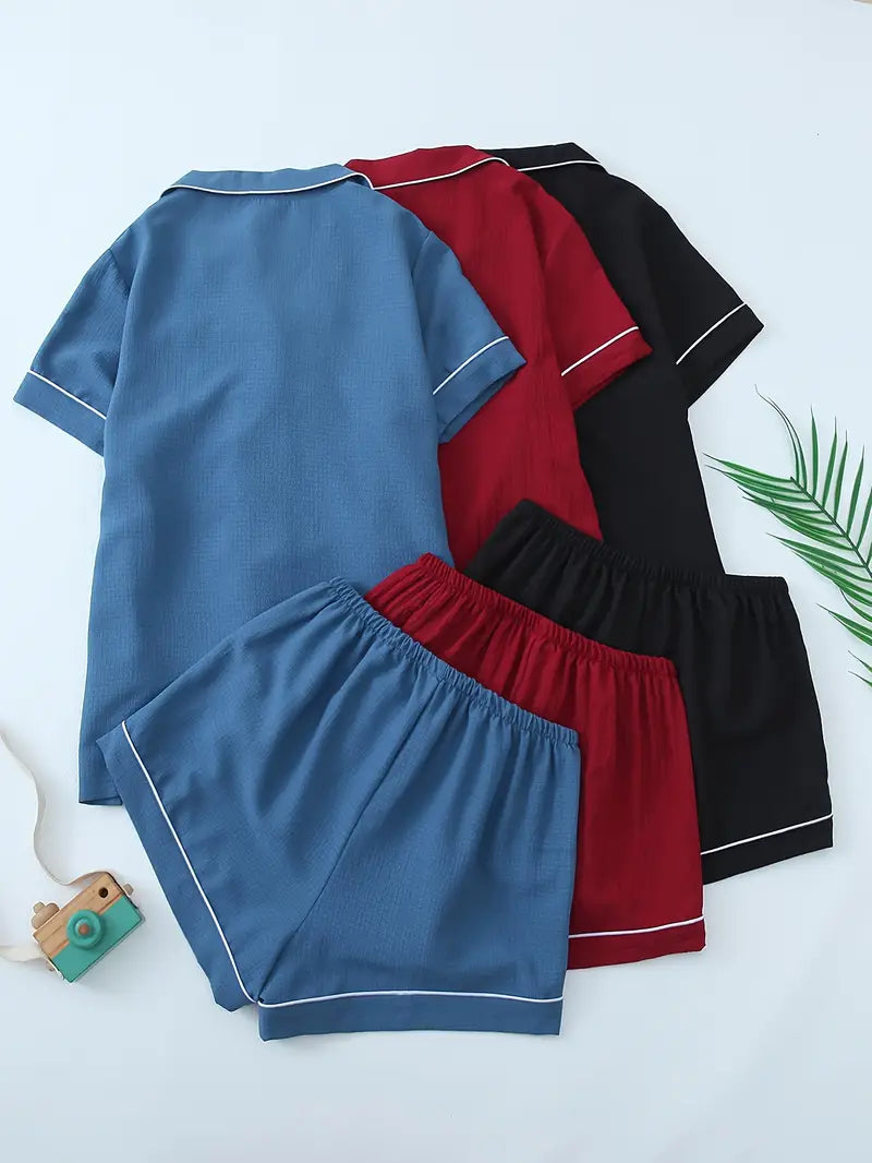 Women's Solid Color Collar Embroidery Pajama Three-Set Combination 2