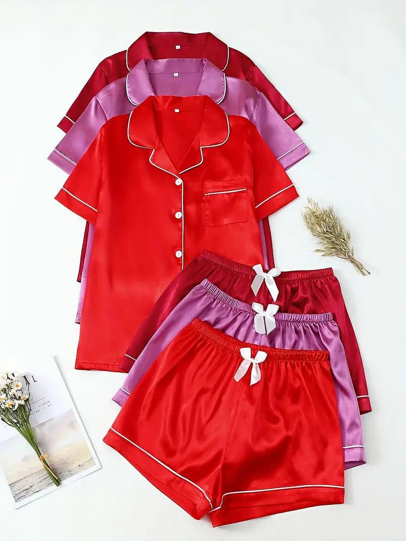 Women’s Pajama Set – Short Sleeve Button-Up Top & Fitted Shorts with Bow Detail, Comfortable Sleep 2