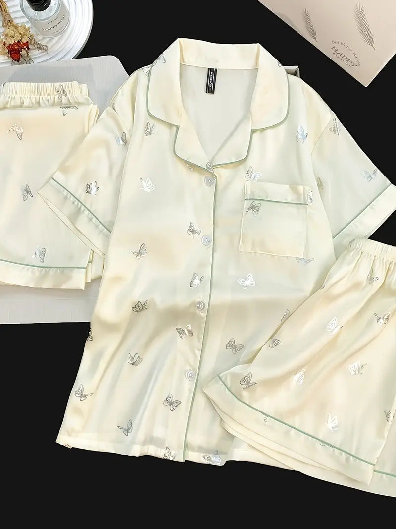3-Piece Women’s Pajama Set – Short Sleeve Top, Shorts & Pants, Beige Heart Print, Button-Up Collar Loungewear