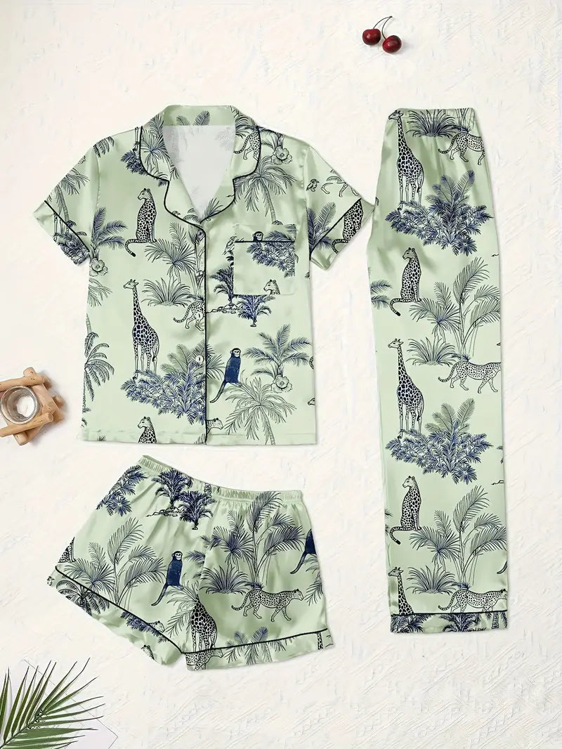 3-Piece Women’s Pajama Set – Short Sleeve Top, Shorts & Pants, Beige Heart Print, Button-Up Collar Loungewear