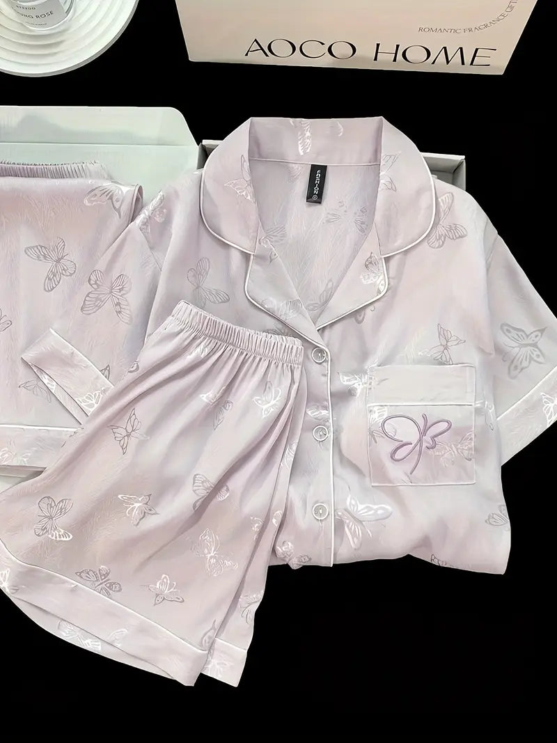 3-Piece Women’s Pajama Set – Short Sleeve Top, Shorts & Pants, Beige Heart Print, Button-Up Collar Loungewear